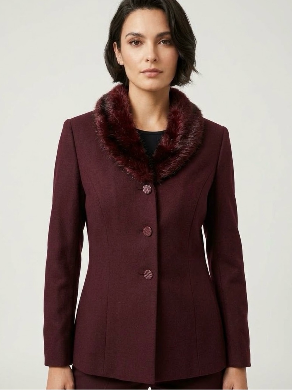 KASPER A.S.L. Burgundy 100% Wool Blazer Detachable Faux Fur Collar Sz 8